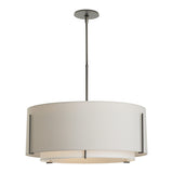 Exos Double Shade Pendant Large, shown in Natural Iron, Natural Anna Inner, Flax Outer, by Hubbardton Forge