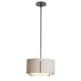 Exos Double Shade Pendant Small, shown in Dark Smoke, Natural Anna Inner, Flax Outer, by Hubbardton Forge