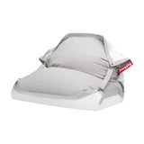 Light grey and white floating bean bag with adjustable straps, buckles, and a red Fatboy tab — Floatzac by Fatboy