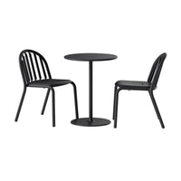 Black round-top pedestal table flanked by two matching slatted-back outdoor chairs — Fred's Bistro Set, 1 round table and 2 chairs, by Fatboy