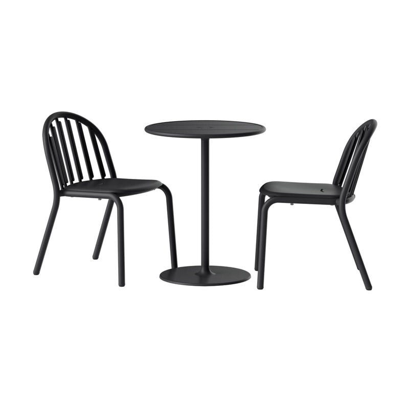 Black round-top pedestal table flanked by two matching slatted-back outdoor chairs — Fred's Bistro Set, 1 round table and 2 chairs, by Fatboy