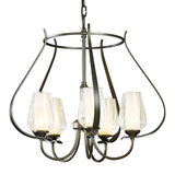 Flora Cage Chandelier 5 Light, shown in Dark Smoke, Seeded Glass with Opal Diffuser, by Hubbardton Forge