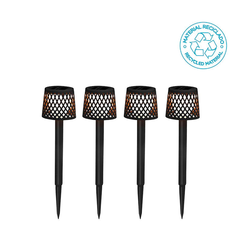 Set of four black lattice solar stake lights with a flickering amber glow for garden borders — Gretita Garden set of 4 by New Garden