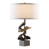 Gallery Twofold Table Lamp, shown in Dark Smoke, Natural Anna Shade, by Hubbardton Forge