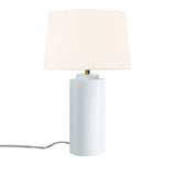 Gloss White White Linen Fabric Ceramic Tower Table Lamp with Fabric Shade by Justice Design
