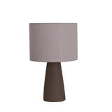 Ingá Table Lamp by Geo Contemporary in Brown ceramic with a Rustic Linen fabric shade and chrome details