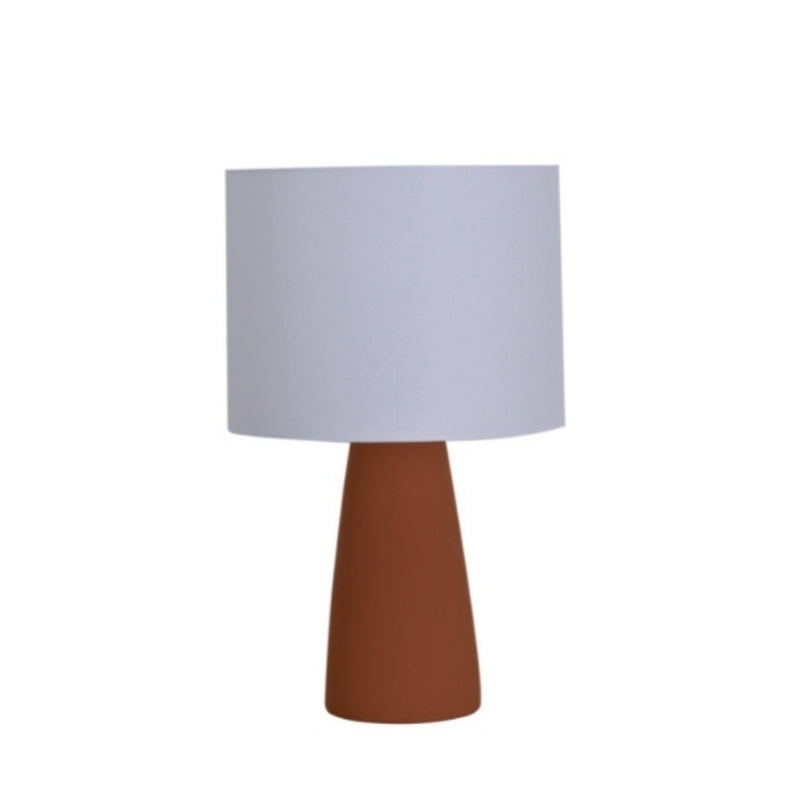 Ingá Table Lamp by Geo Contemporary in Terracotta ceramic with a White fabric shade and chrome details