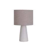 Ingá Table Lamp by Geo Contemporary in White ceramic with a Rustic Linen fabric shade and chrome details