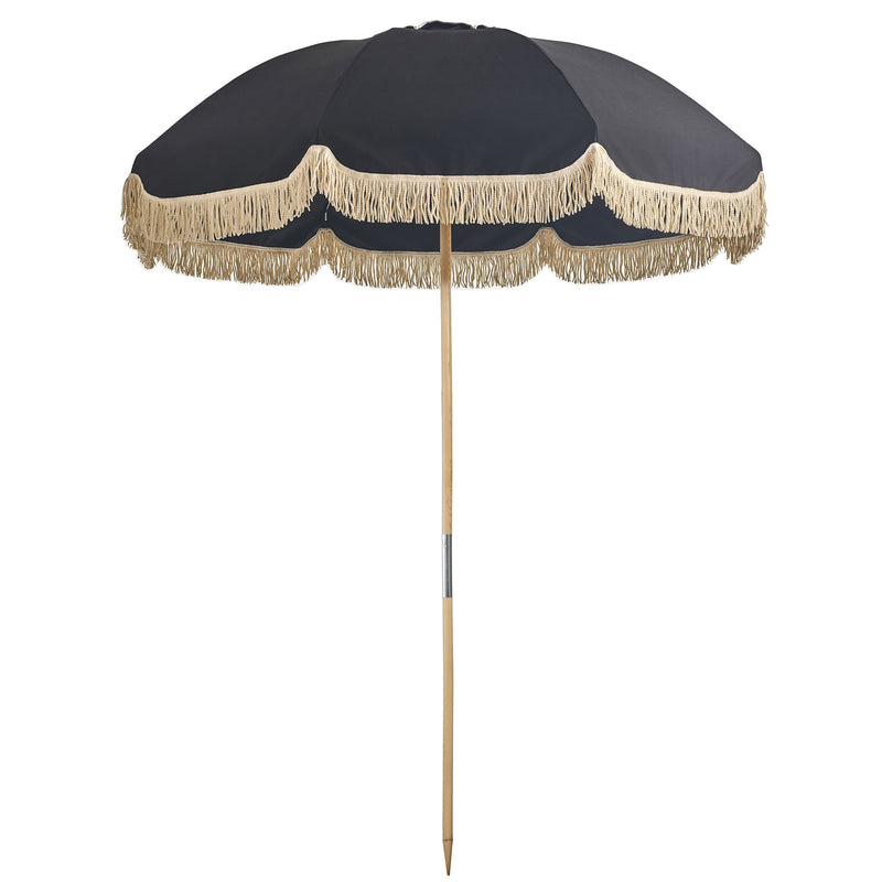 Domed black canopy beach umbrella with a cream tassel fringe and natural timber pole — Jardin Umbrella 210 cm Diameter by Basil Bangs