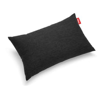 Rectangular cushion in heathered charcoal outdoor fabric with a red brand tab — King Pillow by Fatboy