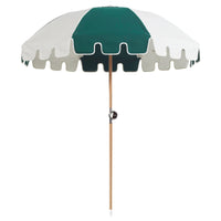Round canopy umbrella in green and white panels with a scalloped white-edged valance and timber pole — Luxury Umbrella 190 cm Diameter by Basil Bangs