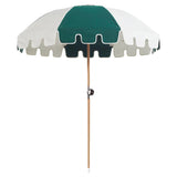 Round canopy umbrella in green and white panels with a scalloped white-edged valance and timber pole — Luxury Umbrella 190 cm Diameter by Basil Bangs