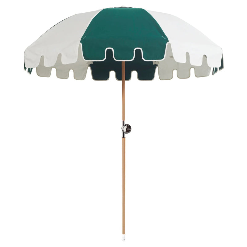 Round canopy umbrella in green and white panels with a scalloped white-edged valance and timber pole — Luxury Umbrella 190 cm Diameter by Basil Bangs