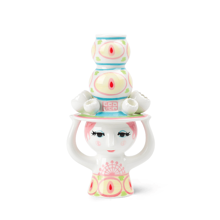 Bjørn Wiinblad Lady with Hat Candle Holder, Pink/Yellow, H: 6.3" By Bjorn Wiinblad