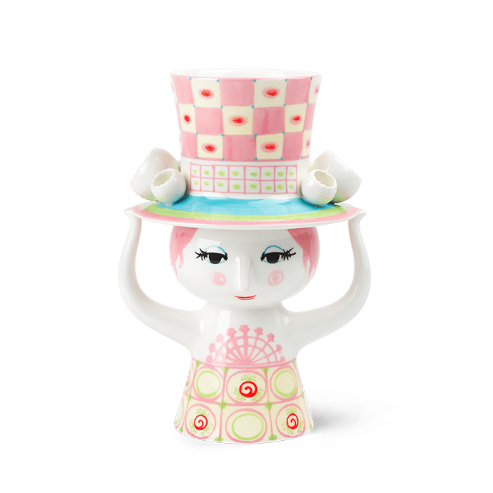 Bjørn Winblad Lady With Hat Vase, Pink/Yellow H: 8.1" By Bjorn Wiinblad