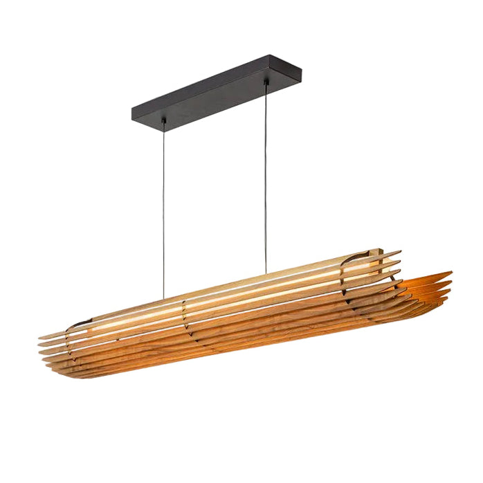 Lex Linear Pendant by Cerno, walnut slats with textured black accents and canopy