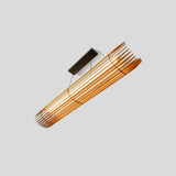 Lex Linear Pendant by Cerno, walnut slats with textured black accents and canopy - view from below