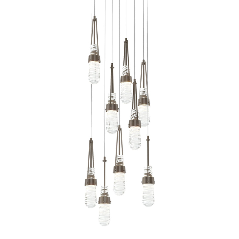 Link 9-Light Blown Glass Chandelier in Bronze, Clear Glass with White Threading, Standard by Hubbardton Forge
