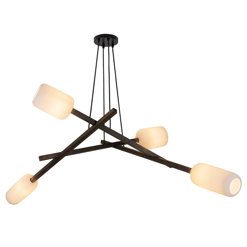 Locus Chandelier by Cerno in dark stained walnut with black metal accents, black cord and enamel white glass