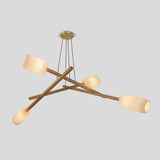 Locus Chandelier by Cerno in white oak with brushed brass metal accents, taupe cord and enamel white glass