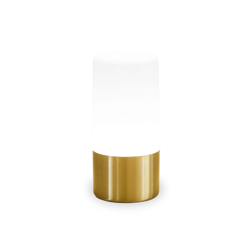 Maia rechargeable table lamp by New Garden, illuminated white cylindrical shade on a brushed brass base