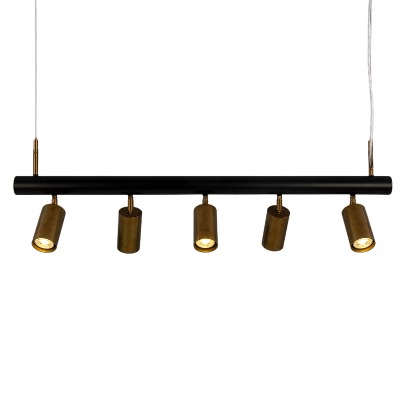 Matte Black and Antique Brass Watson Five Light Linear Island Pendant by Mullan Lighting