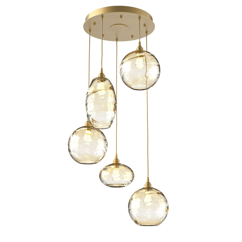Misto Round Multi-Light Chandelier By Hammerton, Color: Amber, Number Of Lights: 5, Finish: Gilded Brass