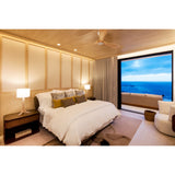 Pair of Nauta Table Lamps by Cerno with White Linen shades in an ocean-view bedroom
