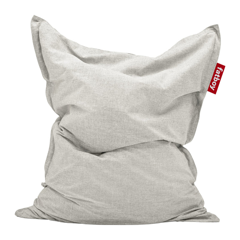 Plush rectangular floor cushion in soft mist-grey woven fabric, slouched and relaxed — Original Olefin Bean Bag by Fatboy