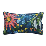 Rectangular piped cushion with a coral daisy, blue blossoms and yellow buds on a deep navy ground — Throw Cushion 50x30cm by Basil Bangs