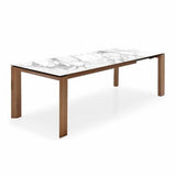 OMNIA EXTENDIBLE DINING TABLE BY CALLIGARIS, CERAMIC TOP AND EXTENSION: WHITE MARBLE LAMINATED CERAMIC-GLASS, LEGS/FRAME: WALNUT VENEER, , | CASA DI LUCE LIGHTING