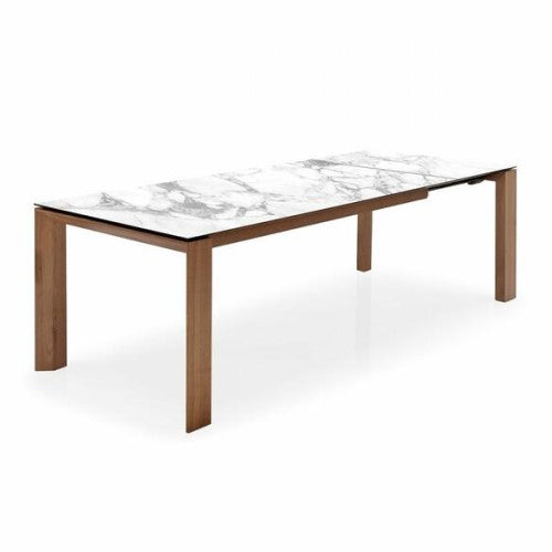 OMNIA EXTENDIBLE DINING TABLE BY CALLIGARIS, CERAMIC TOP AND EXTENSION: WHITE MARBLE LAMINATED CERAMIC-GLASS, LEGS/FRAME: WALNUT VENEER, , | CASA DI LUCE LIGHTING