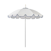 White pagoda-style umbrella with a scalloped, navy-trimmed edge and a slim white pole — Pagoda Umbrella 210 cm Diameter by Basil Bangs