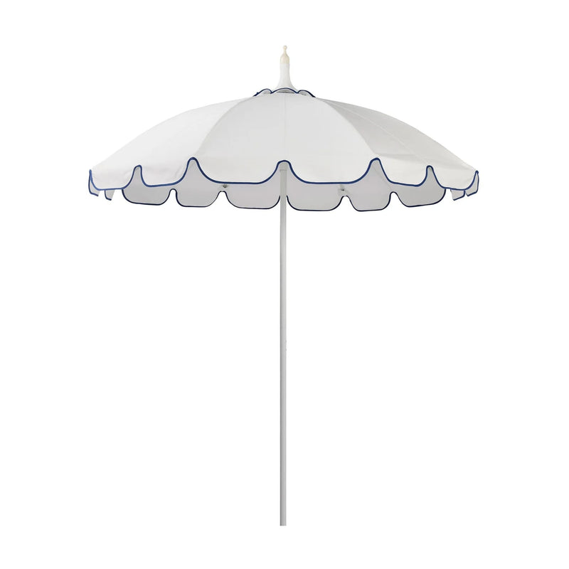 White pagoda-style umbrella with a scalloped, navy-trimmed edge and a slim white pole — Pagoda Umbrella 210 cm Diameter by Basil Bangs