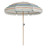 Fringed beach umbrella with multicolour rainbow stripes on a natural timber pole with a tilt joint — Premium Umbrella 180 cm Diameter by Basil Bangs