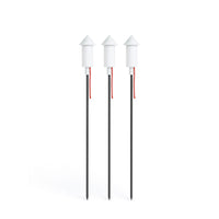 Set of three white solar garden lamps with conical tops on slender black ground spikes with red cords — Pret-a-Racket Solar Floor Lamp by Fatboy