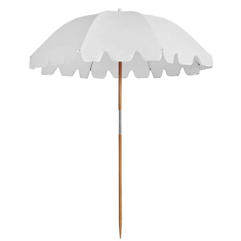 White round beach umbrella with a scalloped valance edge and a pointed timber pole — The Weekend Umbrella 170 cm Diameter by Basil Bangs
