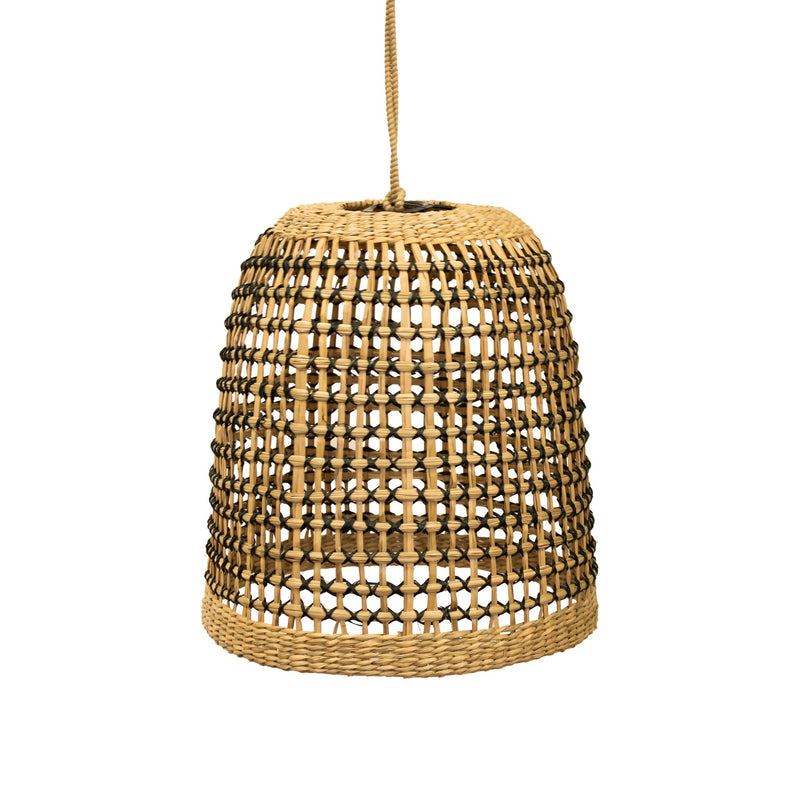 Natural woven rattan bell-shaped pendant shade with braided cord, accented by dark threading — Positano Battery Pendant Lamp by New Garden