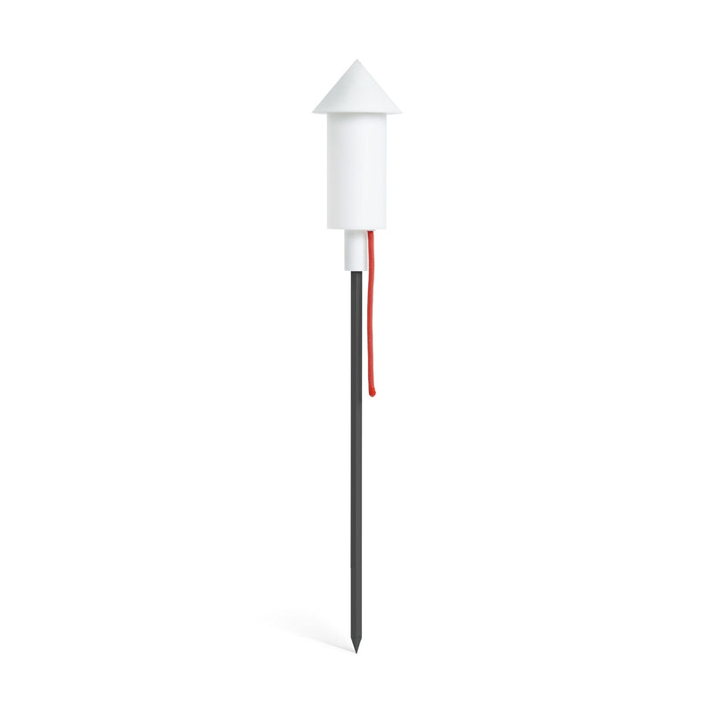 Slim white cone-topped solar lamp on a tall dark ground spike with a red cord — Racket la Surprise Solar Lamp by Fatboy