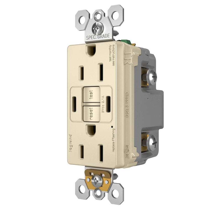 Radiant 15A Tamper Resistant Self Test GFCI USB Type CC Outlet By Legrand Radiant Light Almond Finish