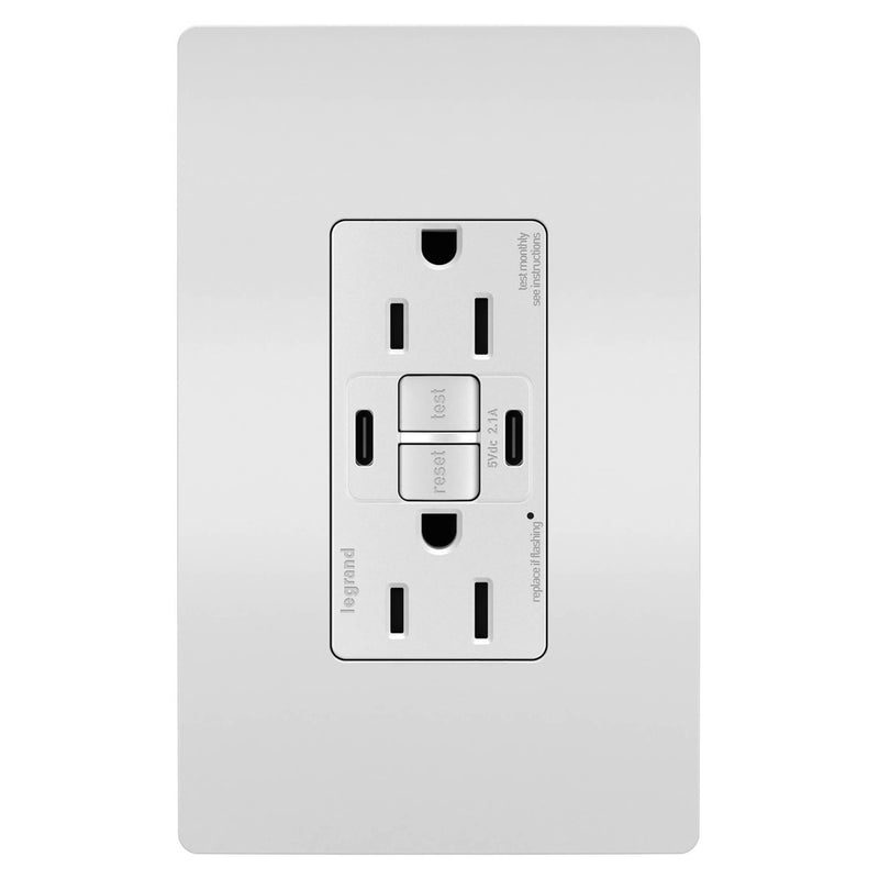 Radiant 15A Tamper Resistant Self Test GFCI USB Type CC Outlet By Legrand Radiant White