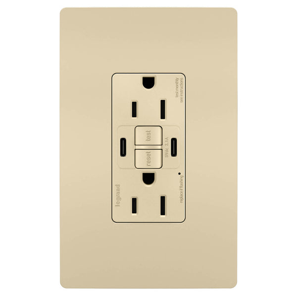 Radiant 15A Tamper Resistant Self Test GFCI USB Type CC Outlet By Legrand Radiant Ivory