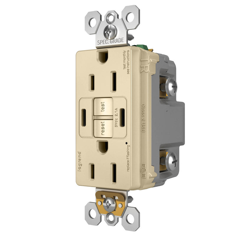 Radiant 15A Tamper Resistant Self Test GFCI USB Type CC Outlet By Legrand Radiant Ivory Finish