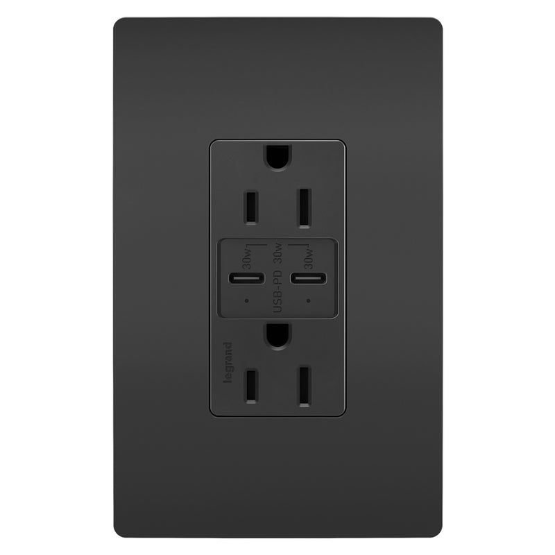 Radiant 15A Tamper Resistant Ultra Fast PLUS Power Delivery USB Type CC Outlet Black