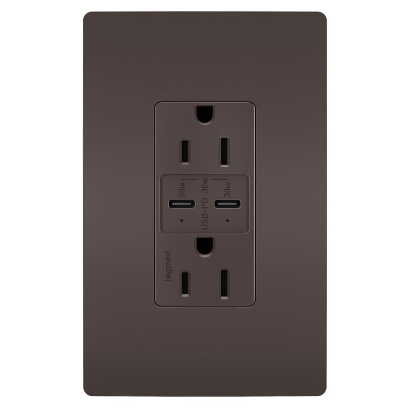 Radiant 15A Tamper Resistant Ultra Fast PLUS Power Delivery USB Type CC Outlet Brown
