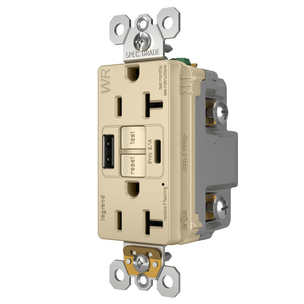 Radiant 20A Tamper Resistant Outdoor Self Test GFCI USB Type AC Outlet Ivory Side View