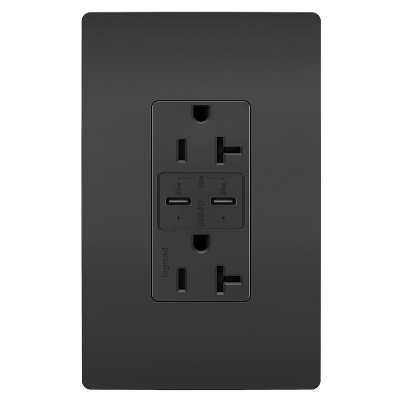 Radiant 20A Tamper Resistant Ultra Fast PLUS Power Delivery USB Type CC Outlet Black