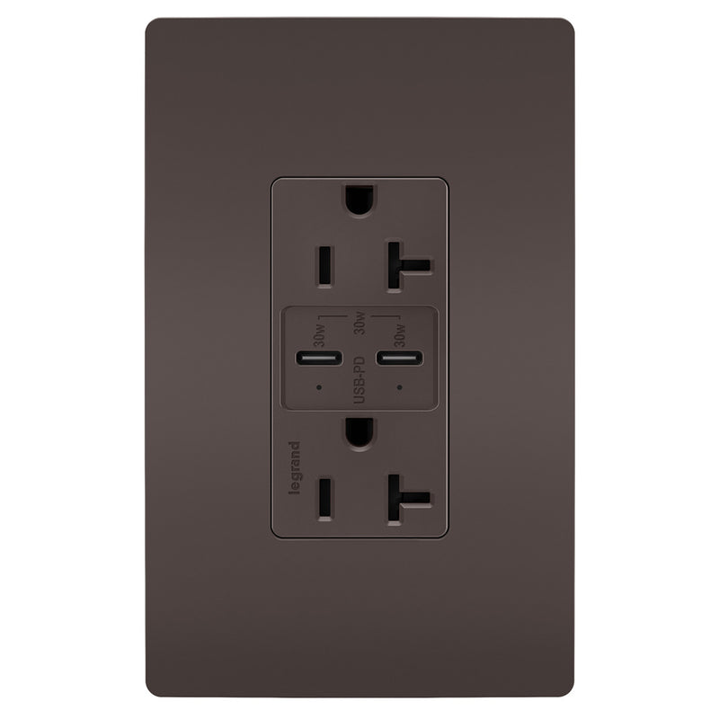 Radiant 20A Tamper Resistant Ultra Fast PLUS Power Delivery USB Type CC Outlet Brown