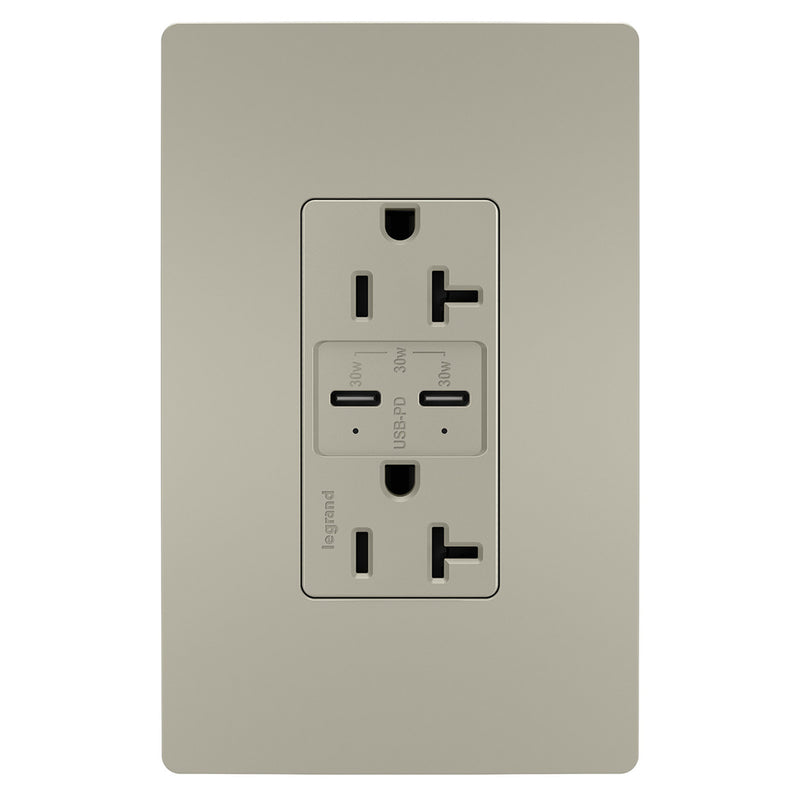 Radiant 20A Tamper Resistant Ultra Fast PLUS Power Delivery USB Type CC Outlet Nickel
