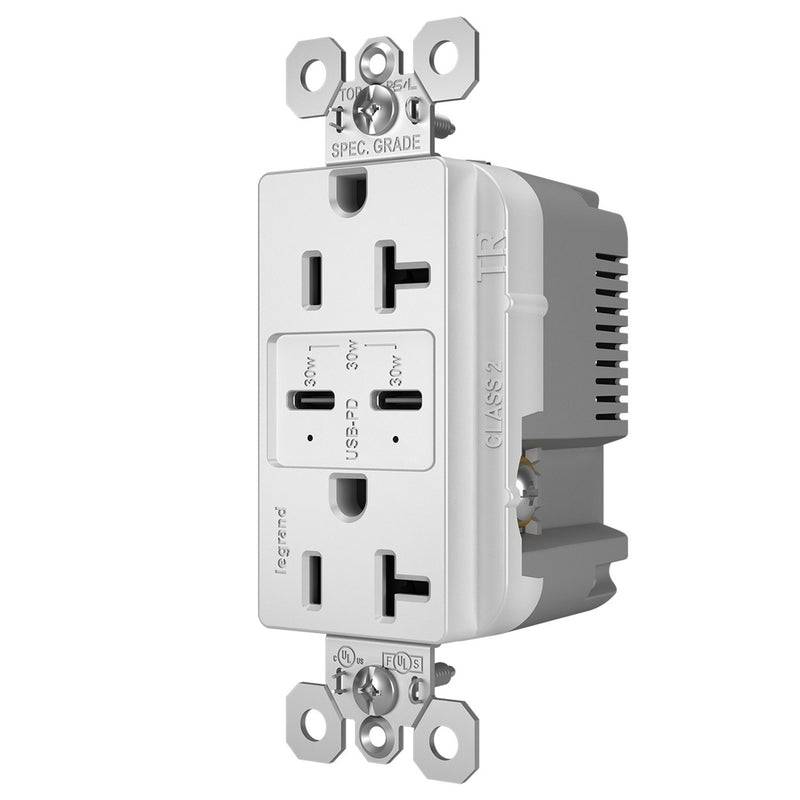 Radiant 20A Tamper Resistant Ultra Fast PLUS Power Delivery USB Type CC Outlet White Side View